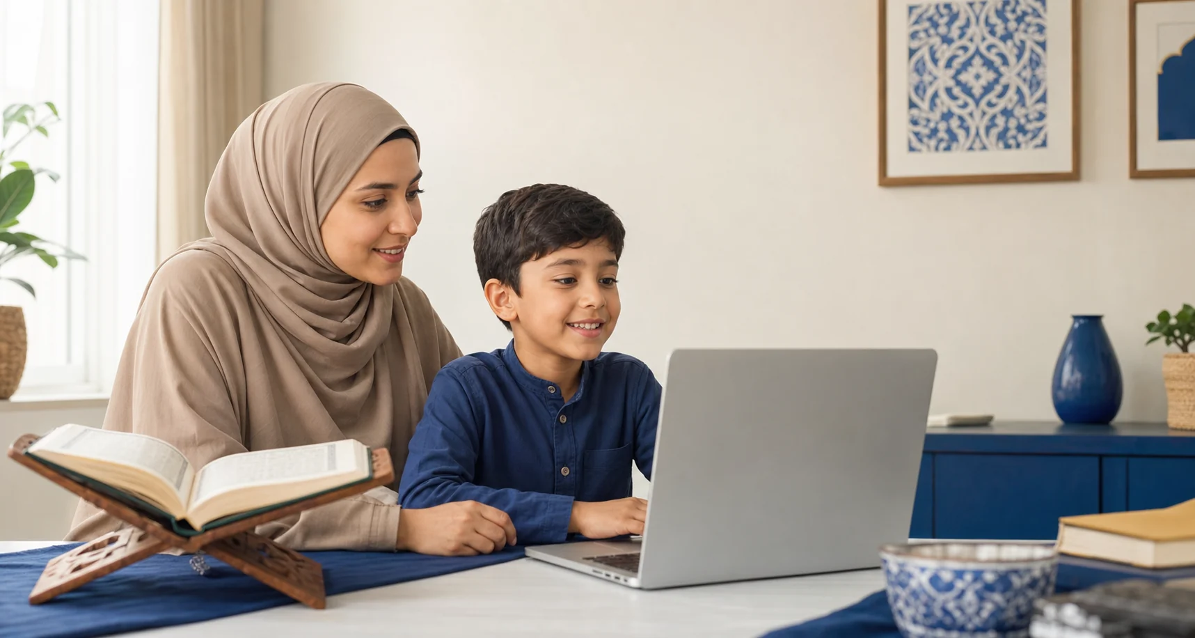 أم وطفل يتعلمان القرآن عبر الإنترنت